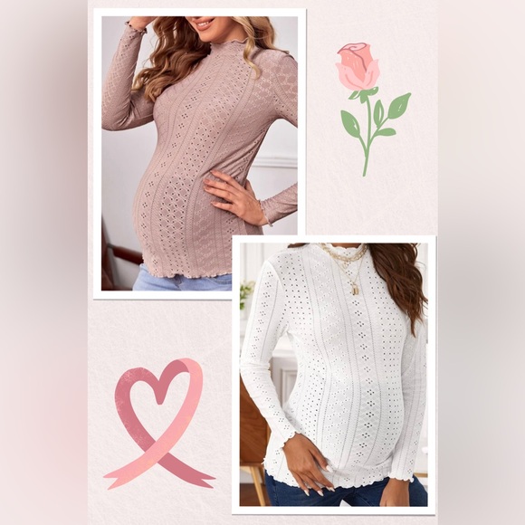 Tops - Maternity Medium Mock Neck Lettuce Trim Pointelle Knit Shirt Long Sleeve Shirts